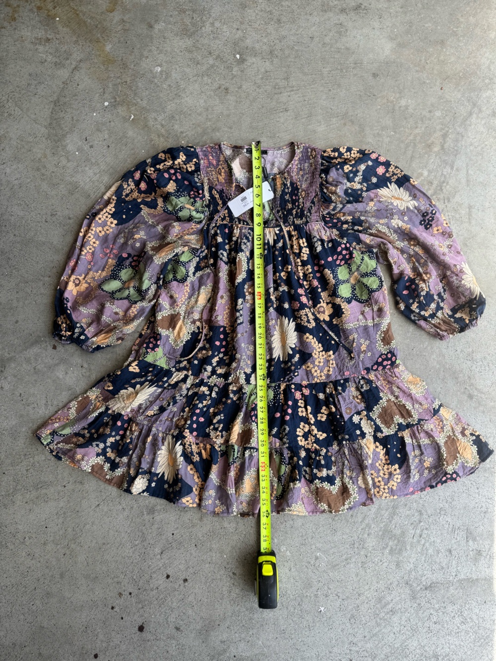 Retro 70s Print Navy & Lavender Floral Smocked Tiered Long-Sleeve Dress XL Boho - Picture 13 of 15
